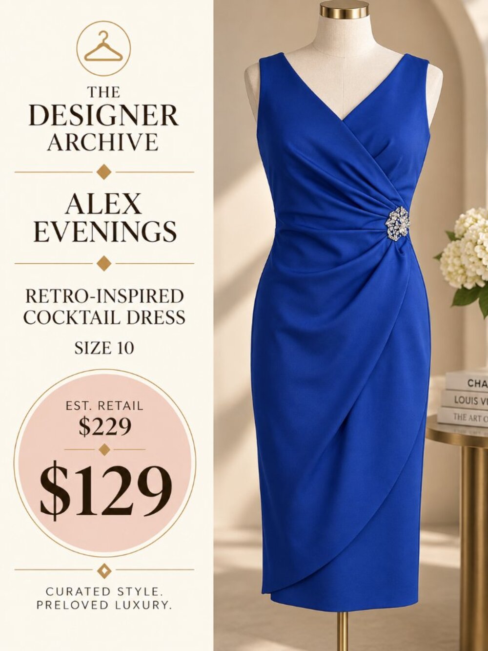 Alex Evenings Cobalt Blue Retro Draped Cocktail Dress Size 10
